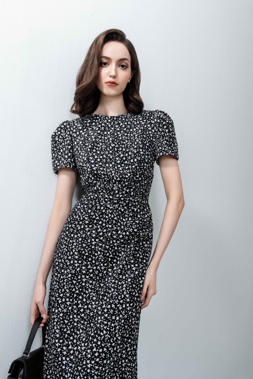 Sixdo Black Floral Woven Midi Dress